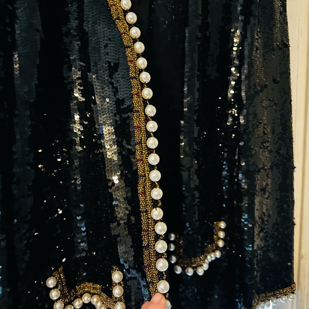 Oleg Cassini Black Tie Vtg Sequin Beaded Luxury Jacket Pearl Details. XL - Picture 4 of 13